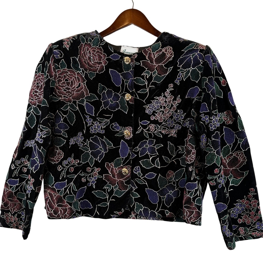 VINTAGE Joanna Women's M Black Velvet Jacket Metallic Floral Gold Buttons USA